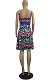 Yellow Summer Fashion Colorful Printing Loose Strapless Condoel Belt Dress HYY8072-1