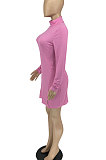 Black Women Solid Color High Neck Casual Long Sleeve Lower Hem Split Mini Dress AFM60027-2