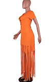 Orange Cotton Blend Eyelet Drawstring Short Sleeve Tassel Solid Colur T Shirt Dress SZS8057-3