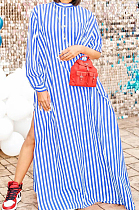 Blue Stripe Print Long Sleeve O Collar Single-Breasted Shirt Slit Long Dress ZNN9103-3