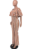 Orange Stripe Print Flounce A Word Shoulder Casual Wide Leg Jumpsuits ZNN9102-4