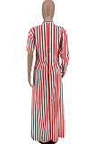 Red Stripe Print Long Sleeve O Collar Single-Breasted Shirt Slit Long Dress ZNN9103-2