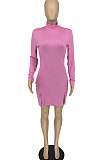 Pink Women Solid Color High Neck Casual Long Sleeve Lower Hem Split Mini Dress AFM60027-1