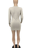 Apricot Women Pure Color V Neck Shirred Detail Long Sleeve Casual Sexy Mini Dress AFM60025-1