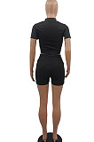 Black Women Short Sleeve Zipper Pure Color Casual Fashion Shorts Sets GB1009-1