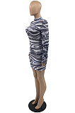 Grey Night Club Stripe Printing Long Sleeve O Collar Hip Slim Fitting Mini Dress SYY8069