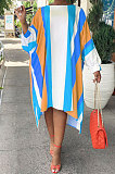 Blue Euramerican Women Positioning Strap Printing Long Sleeve Loose Midi Dress AYQ05014-3