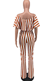 Red Stripe Print Flounce A Word Shoulder Casual Wide Leg Jumpsuits ZNN9102-1