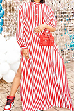 Red Stripe Print Long Sleeve O Collar Single-Breasted Shirt Slit Long Dress ZNN9103-2