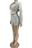 Grey Cotton Blend Long Sleeve Hoodie V Neck Whit Pocket Shorts Solid Colou Sports Sets ZNN9100-1