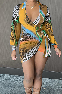 Yellow Brown Cute Women Leopard Print Long Sleeve V Neck Bandage Mini Dress ZNN9094-2