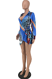 Blue Cute Women Leopard Print Long Sleeve V Neck Bandage Mini Dress ZNN9094-1