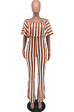 Orange Stripe Print Flounce A Word Shoulder Casual Wide Leg Jumpsuits ZNN9102-4
