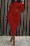Red Elastic Ruffle Long Sleeve Half High Neck Blouse High Waist Long Skirts Pure Color Two-Piece YYF8235-3