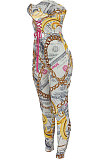 White Women Trendy Printing Strapless Tied Holow Out Bodycon Jumpsuits BYQ1006