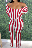 Red Stripe Print Flounce A Word Shoulder Casual Wide Leg Jumpsuits ZNN9102-1