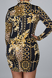 Black Digital Printing Long Sleeve Lapel Neck Single-Breasted Slim Fitting Shirt Dress SMR10186-1