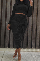 Black Elastic Ruffle Long Sleeve Half High Neck Blouse High Waist Long Skirts Pure Color Two-Piece YYF8235-2