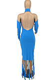 Sky Blue Trendy Tassel Backless Solid Color Long Dress AFM60028