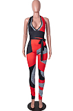Red Digital Printing Spliced Halter Neck Deep V Collar Sleeveless Bowknot Sexy Bodycon Jumpsuits SZS8025-1