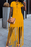 Yellow Cotton Blend Eyelet Drawstring Short Sleeve Tassel Solid Colur T Shirt Dress SZS8057-4