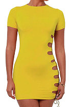 Yellow Women Round Neck Short Sleeve Solid Color Fashion Bandage Tight Mini Dress GB1003-2