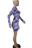 Purple Women Printing Pattern Shirred Detail Tight Long Sleeve Mini Dress KXL851-1