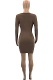 Brown Sexy Hollow Out Long Sleeve Round Neck Hip Solid Color Mini Dredd SZS8010-3