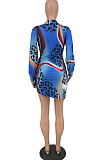 Blue Cute Women Leopard Print Long Sleeve V Neck Bandage Mini Dress ZNN9094-1