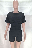 Black Cotton Blend Round Neck Short Sleeve Collcet Waist Blouse Shorts Two-Piece CL6056-5