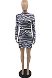 Grey Night Club Stripe Printing Long Sleeve O Collar Hip Slim Fitting Mini Dress SYY8069