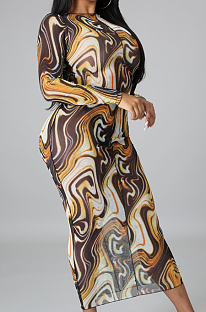 Coffee Sexy High Elastic Mesh Printing Long Sleeve Round Neck Boycon Dress SMR10236-3