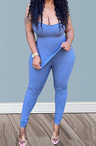 Blue Women Pure Color Strapless Blouse Split Pants Sets BYQ1002
