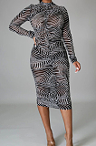 Leopard Print Sexy High Elastic Mesh Printing Long Sleeve Round Neck Boycon Dress SMR10236-4