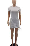 White Women Round Neck Short Sleeve Solid Color Fashion Bandage Tight Mini Dress GB1003-1