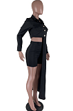 Black Cotton Blend Irregularity Long Sleeve Laper Collar Shirt Shorts Solid Color Casual Sets TZ1205-2
