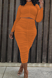 Orange Elastic Ruffle Long Sleeve Half High Neck Blouse High Waist Long Skirts Pure Color Two-Piece YYF8235-4