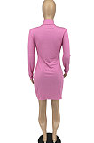 Black Women Solid Color High Neck Casual Long Sleeve Lower Hem Split Mini Dress AFM60027-2