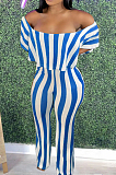 Blue Stripe Print Flounce A Word Shoulder Casual Wide Leg Jumpsuits ZNN9102-3