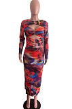 Colorful Printing Hollow Out Long Sleeve Bodycon Sexy Long Dress OMM60059