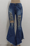 Blue Mid Waist Water Washing Spliced Hole Slim Fitting Jean Flare Pants SMR2561