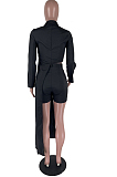 Black Cotton Blend Irregularity Long Sleeve Laper Collar Shirt Shorts Solid Color Casual Sets TZ1205-2