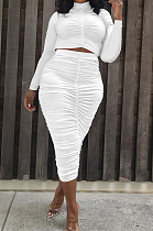 White Elastic Ruffle Long Sleeve Half High Neck Blouse High Waist Long Skirts Pure Color Two-Piece YYF8235-1