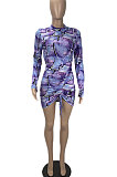 Green Women Printing Pattern Shirred Detail Tight Long Sleeve Mini Dress KXL851-3