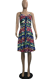 Light Green Summer Fashion Colorful Printing Loose Strapless Condoel Belt Dress HYY8072-2