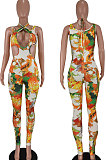 Yellow Women Fashion Vintage Printing Condole Belt Cross Hollow Out Bodycon Jumpsuits BYQ1005
