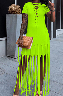 Neon Green Cotton Blend Eyelet Drawstring Short Sleeve Tassel Solid Colur T Shirt Dress SZS8057-5