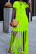 Neon Green Cotton Blend Eyelet Drawstring Short Sleeve Tassel Solid Colur T Shirt Dress SZS8057-5