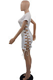 White Women Round Neck Short Sleeve Solid Color Fashion Bandage Tight Mini Dress GB1003-1