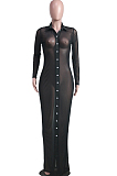 Black Autumn New See-Througk Mesh Lapel Collar Long Sleeve Single-Breasted Sunscreen Shirt Dress SY8822-2